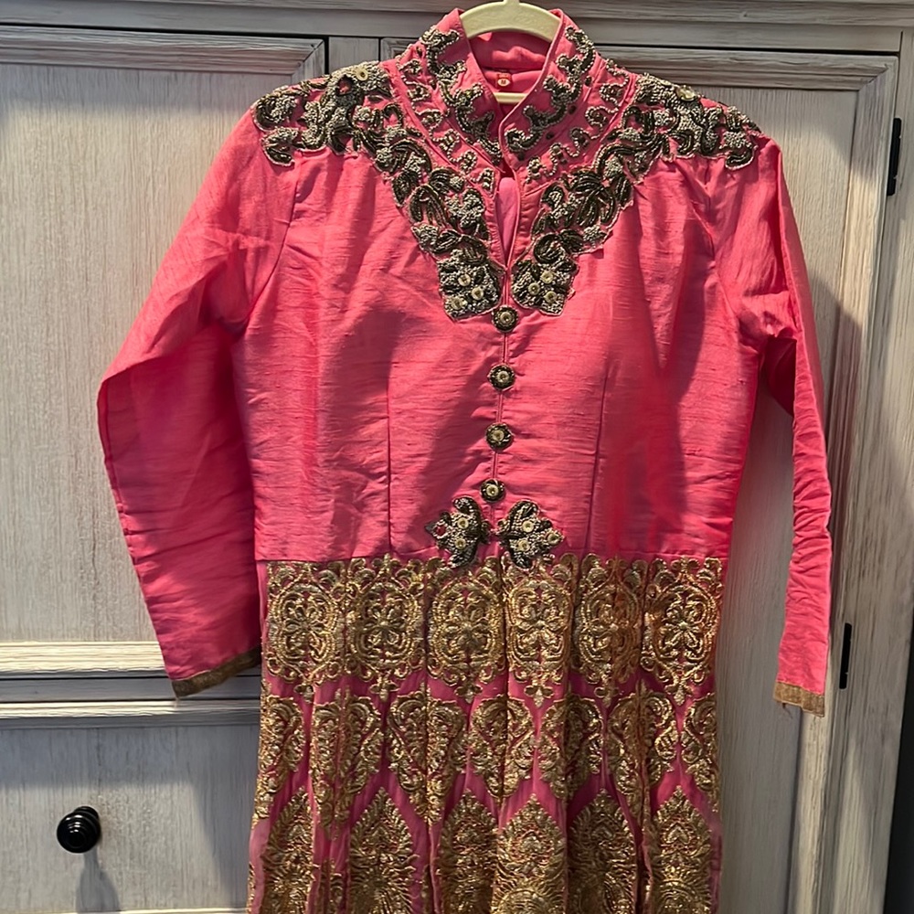Pink dress with gold work that comes with pants.
